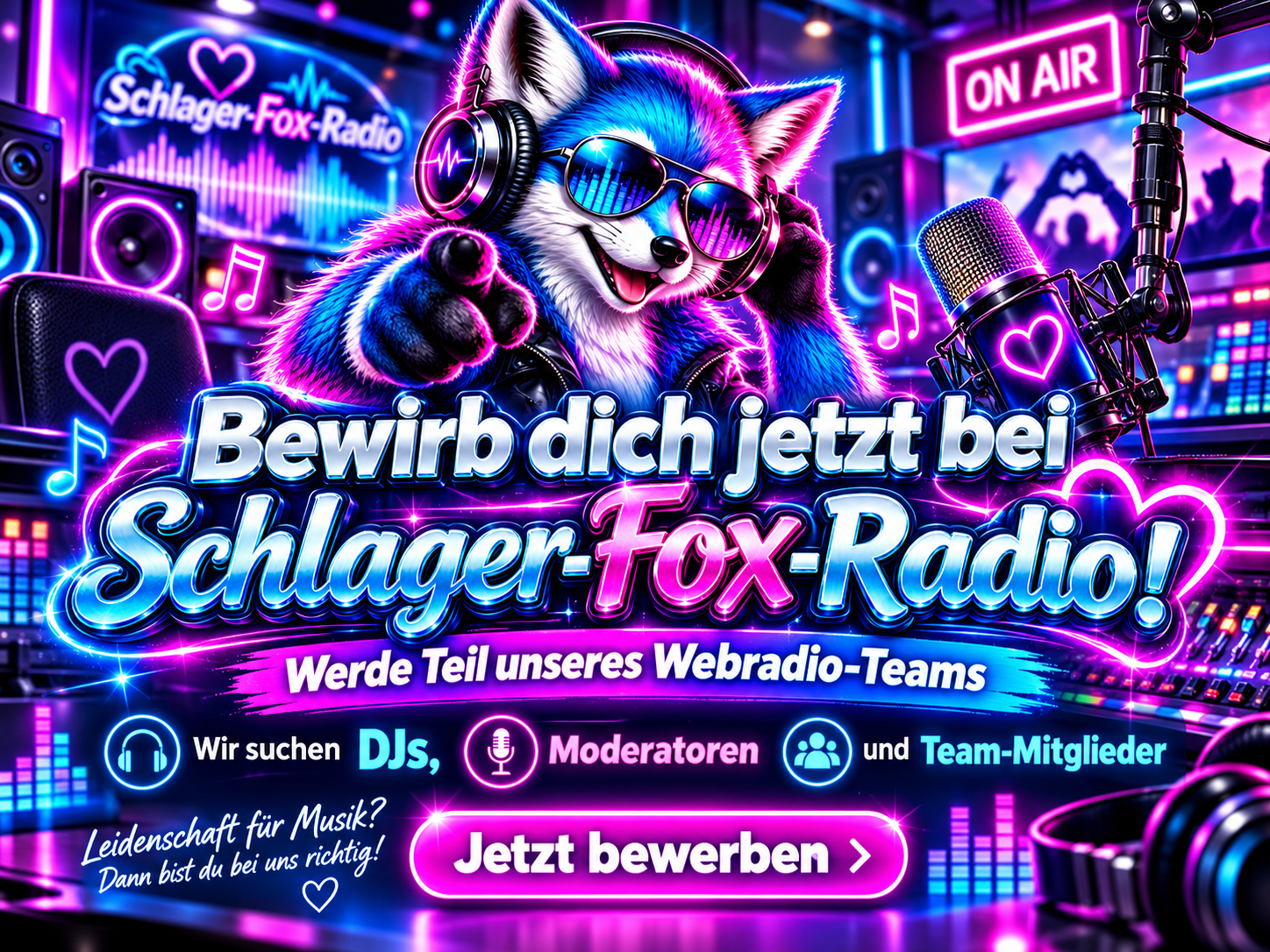 Bewirb dich jetzt bei Schlager-Fox-Radio! Werde Teil unseres Webradio-Teams. Wir suchen DJs, Moderatoren und Team-Mitglieder.